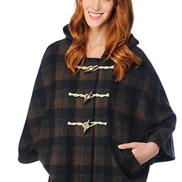 Splendid Women's Brown & black Plaid Wool Blend Poncho Cape Size XS/S - Picture 1 of 11